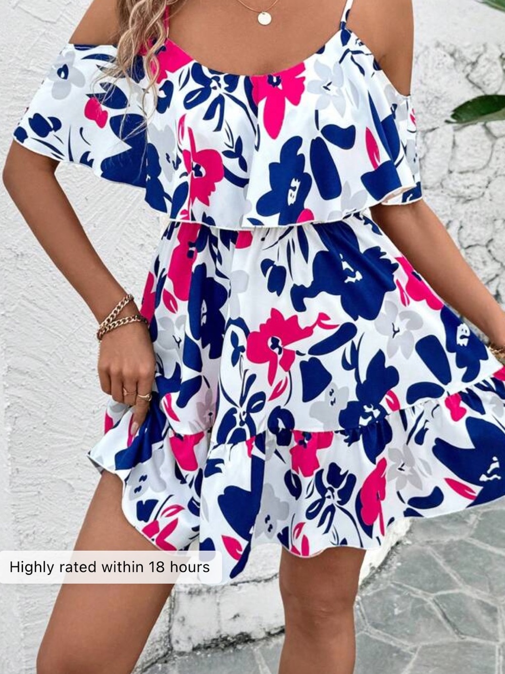 Cold-Shoulder Floral Mini Dress in White with Navy & Pink